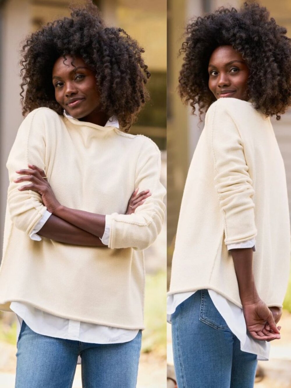 Frank & Eileen Monterey Sweater Ivory Cream Rolled Funnel Neck Knit Size M